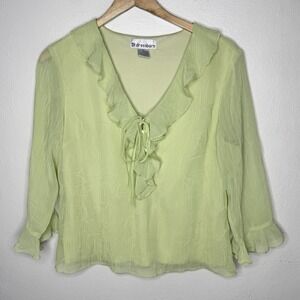 Y2K Dressbarn Light Green Ruffle V-neck Fairycore Top Women's Medium Blouse